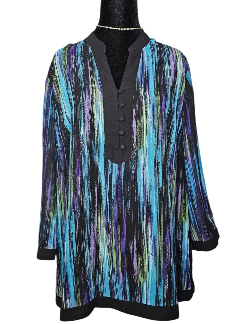 JM Collection Tunic Top Size 12 Abstract Print V-Neck Sheer 3/4 Sleeve